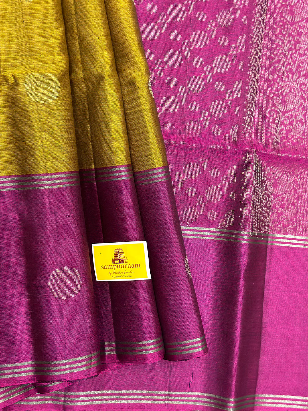 Fenugreek Gold with Magenta Mayil and Chakram Butta Silver Zari Pure Soft Silk Saree