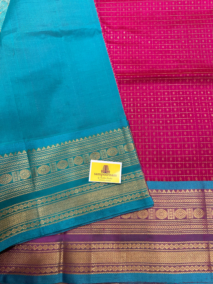 Magenta with Turquoise Blue Zari Lakshadeepam Silk Cotton Saree