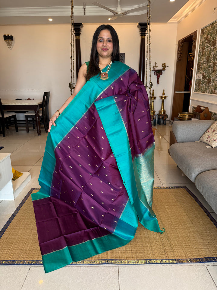 Purple with Turquoise Blue , Mango zari motif in the body , plain borders and rich Pallu , pure soft silk saree