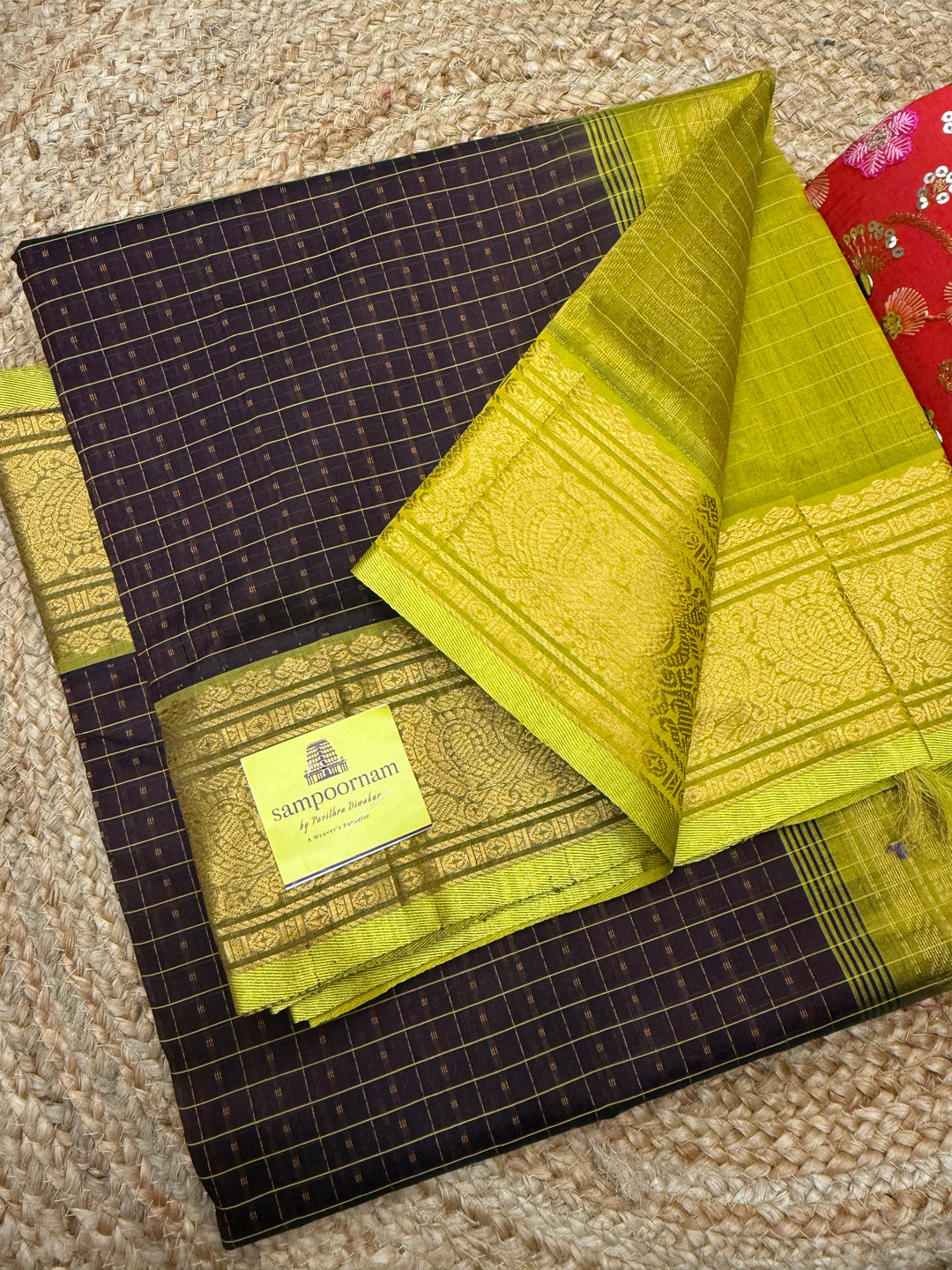 Brown with Lemon Yellow , thread butta in the body , Traditional border and rich Pallu Lakshadeepam Silk Cotton Saree