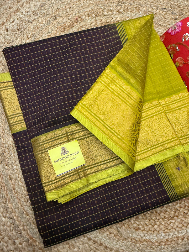Brown with Lemon Yellow , thread butta in the body , Traditional border and rich Pallu Lakshadeepam Silk Cotton Saree