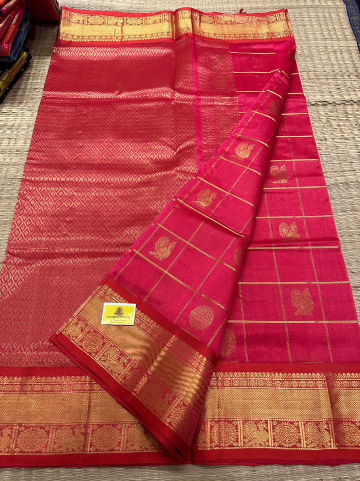 Pinkish Kanakambaram Mayil Chakram Silk Cotton Saree