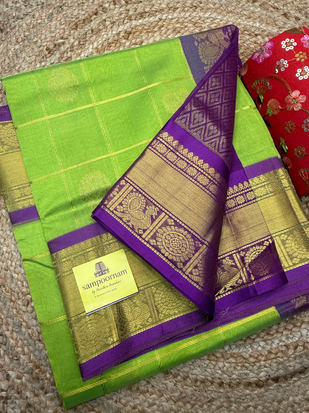 Parrot Green with Purple Mayil and Chakram Butta in the Body, Traditional Borders and Rich Pallu Mayil Chakram Silk Cotton Saree