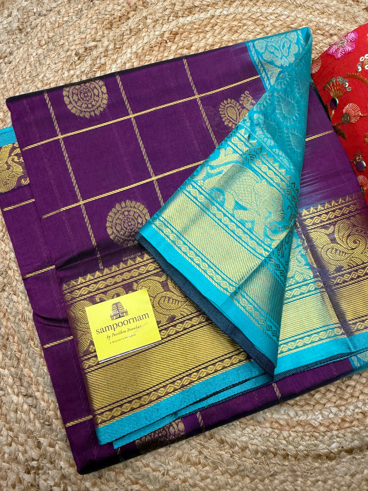 Vadamalli with Turquoise Blue , Mayil and Chakram Butta in the Body, Traditional One side Long Borders and Rich Pallu Mayil Chakram Silk Cotton Saree