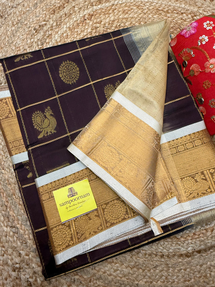 Brown with Offwhite , Mayil and Chakram Butta in the Body, Traditional Borders and Rich Pallu Mayil Chakram Silk Cotton Saree