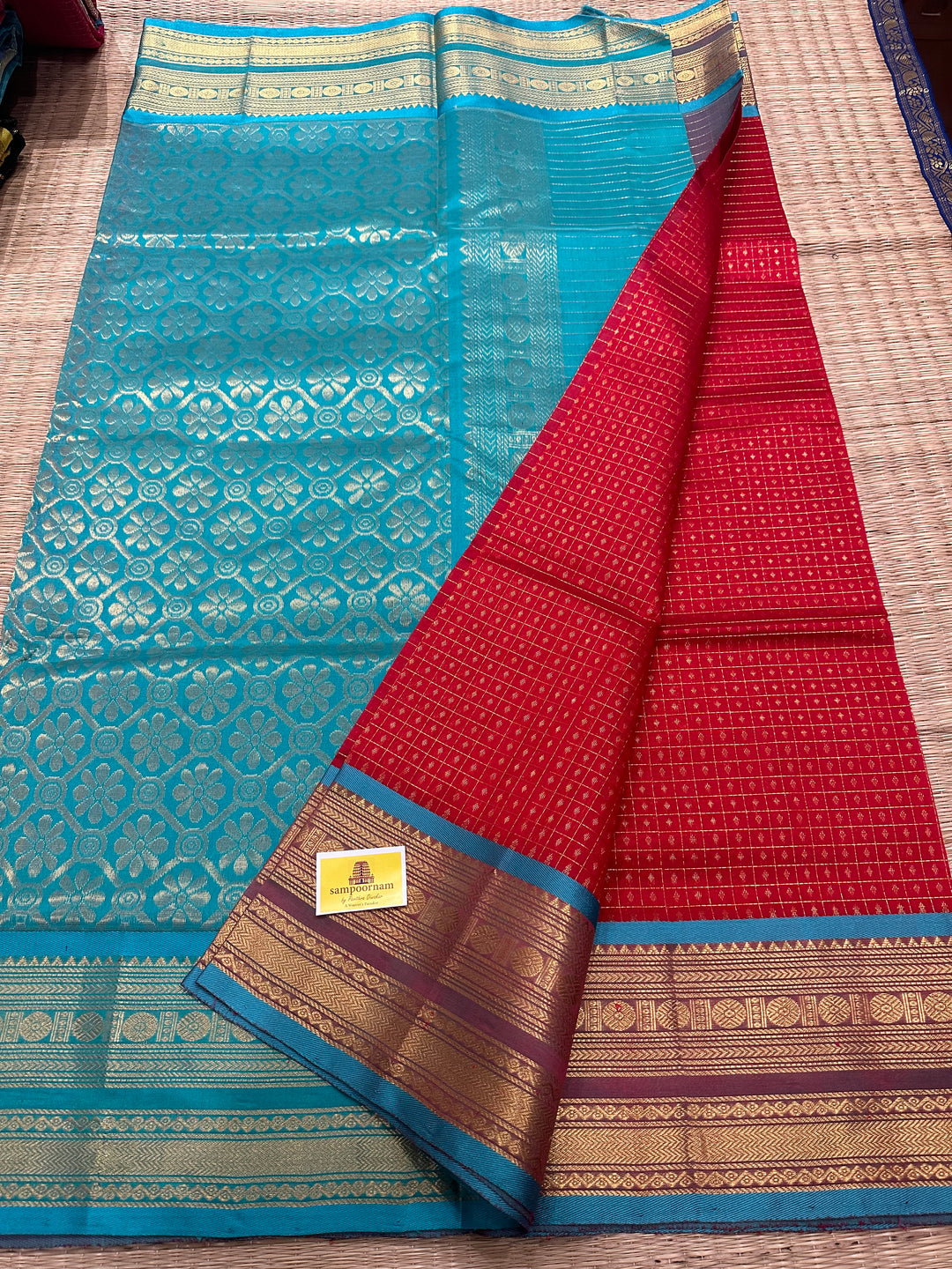 Red with Turquoise Blue Zari Lakshadeepam Silk Cotton Saree