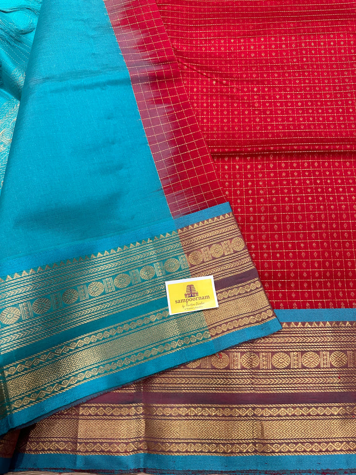 Red with Turquoise Blue Zari Lakshadeepam Silk Cotton Saree