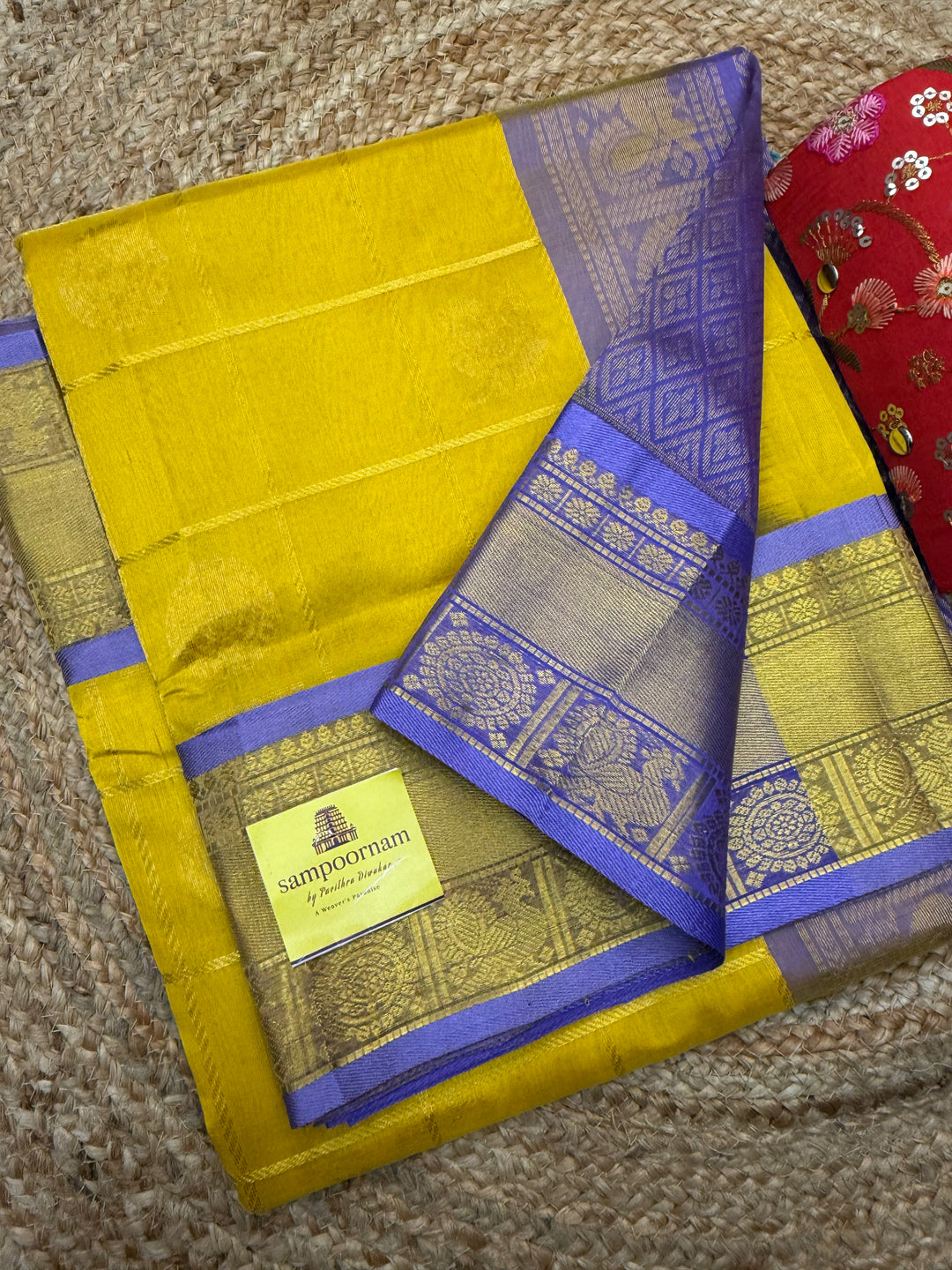 Yellow with Lilac , Mayil and Chakram Butta in the Body, Traditional Borders and Rich Pallu Mayil Chakram Silk Cotton Saree