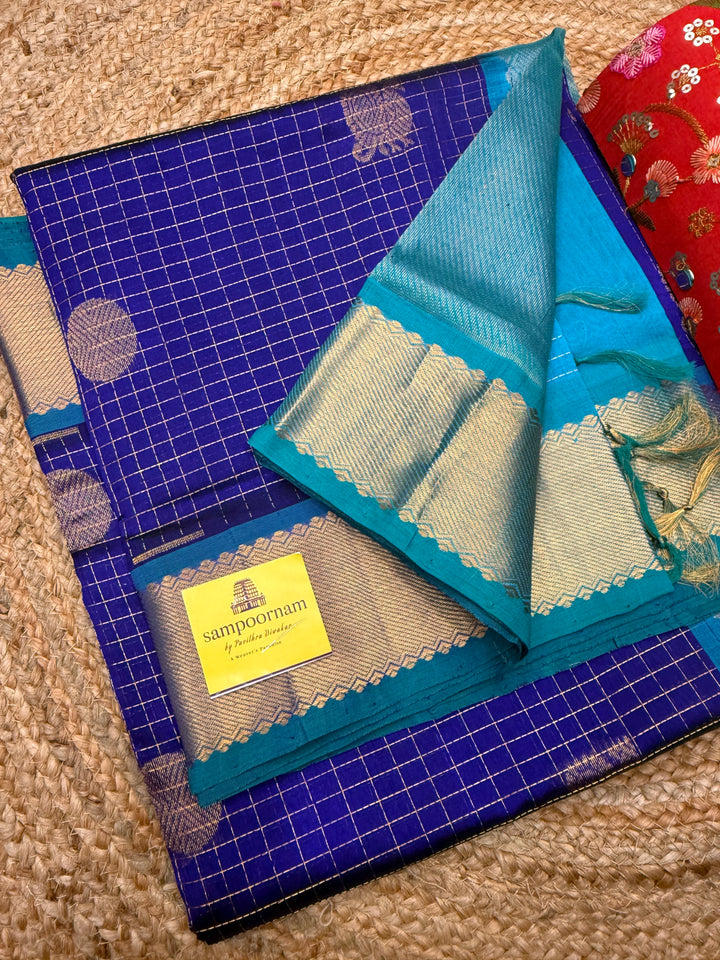 Blue with Turquoise Blue , Zari Checks with  Mayil and  Chakram Butta in the Body, Traditional Borders and Rich Pallu Mayil Chakram Silk Cotton Saree
