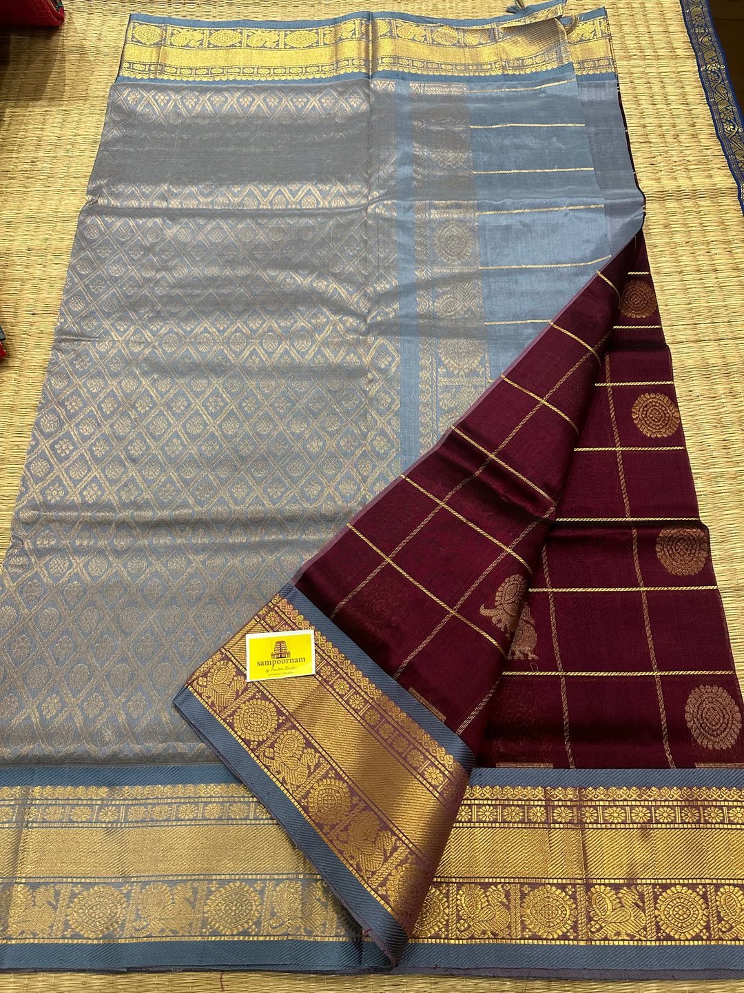 Dark Maroon with Grey Mayil Chakram Silk Cotton Saree