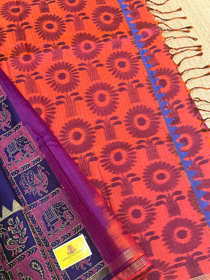 Indigo Blue with Reddish Orange , annam and elephant Handblock print in the borders , Pochampally Pallu and Blouse, pure soft silk saree