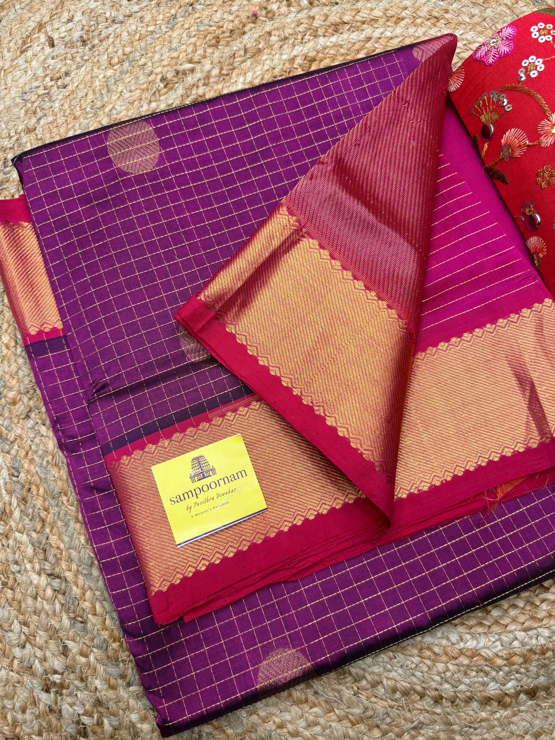 Dark Magenta with Pink , Zari Checks with  Mayil and  Chakram Butta in the Body, Traditional Borders and Rich Pallu Mayil Chakram Silk Cotton Saree
