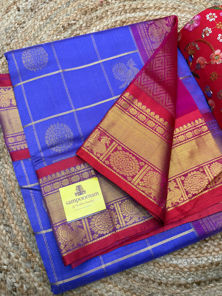 Lilac with Pink , Mayil and Chakram Butta in the Body, Traditional Borders and Rich Pallu Mayil Chakram Silk Cotton Saree