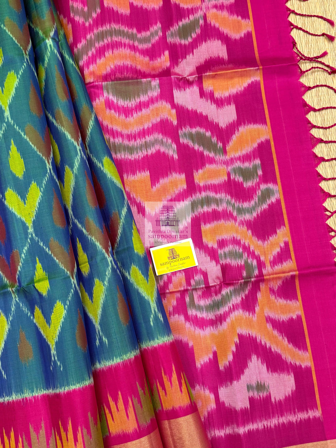 Mayilkazhuthu Blue with Pink , Pochampally designs in the body  and grand  Pallu Pure Soft Silk Saree