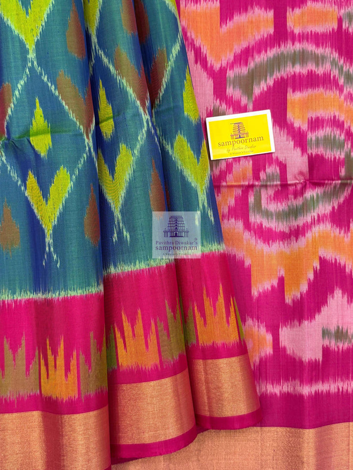 Mayilkazhuthu Blue with Pink , Pochampally designs in the body  and grand  Pallu Pure Soft Silk Saree