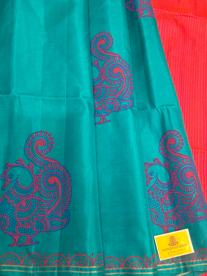 Light Blue with Orangish Pink , annam Handblock print in the body , simple zari lines in the Pallu and Blouse, pure soft silk saree