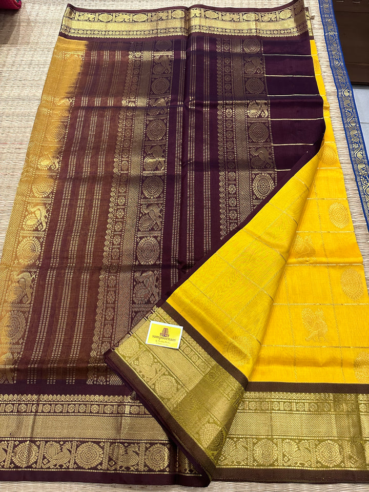 Mambazha Manjal with Brown Mayil Chakram Silk Cotton Saree