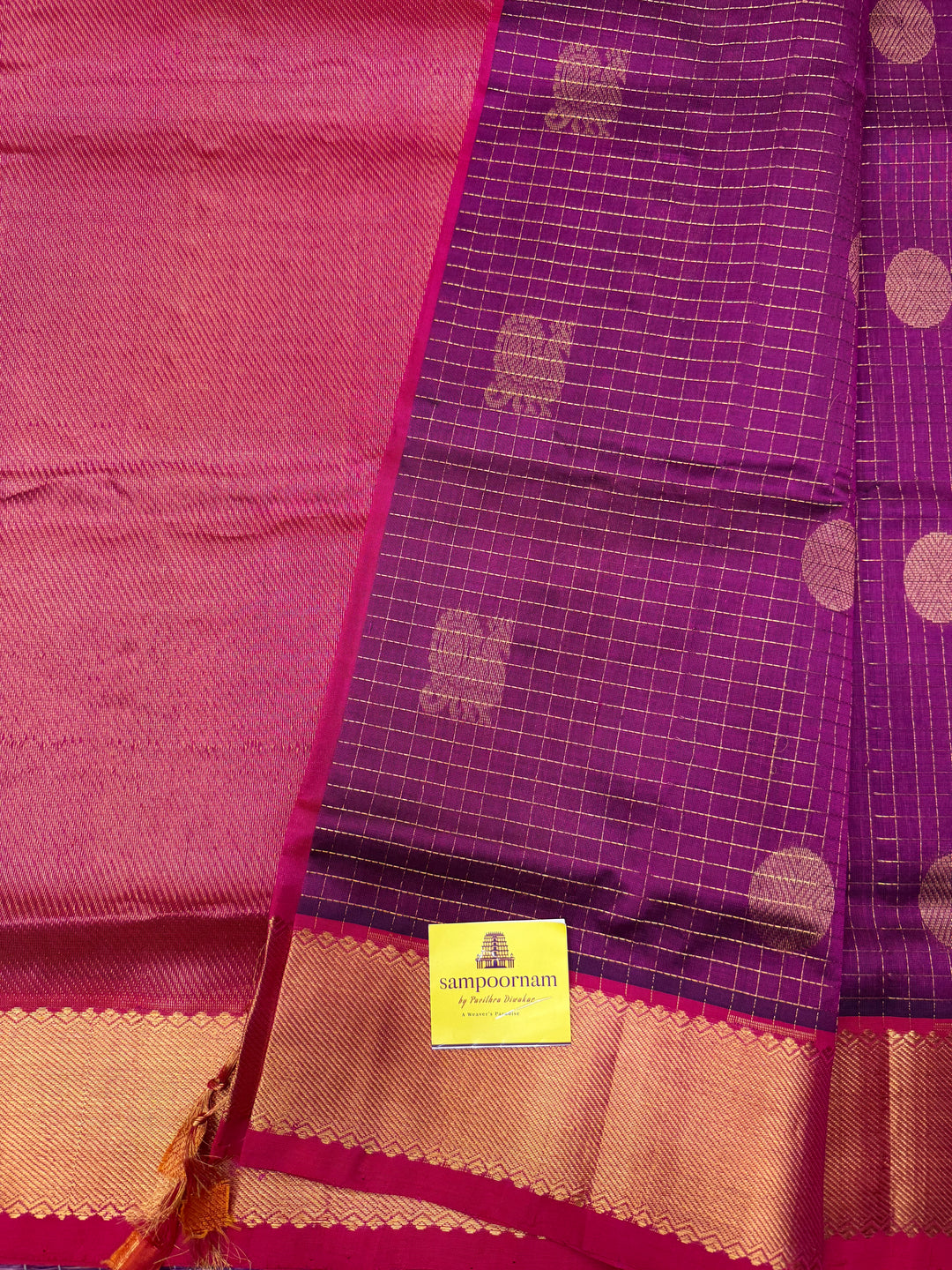 Dark Magenta with Pink , Zari Checks with  Mayil and  Chakram Butta in the Body, Traditional Borders and Rich Pallu Mayil Chakram Silk Cotton Saree