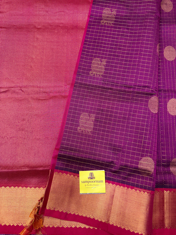 Dark Magenta with Pink , Zari Checks with  Mayil and  Chakram Butta in the Body, Traditional Borders and Rich Pallu Mayil Chakram Silk Cotton Saree
