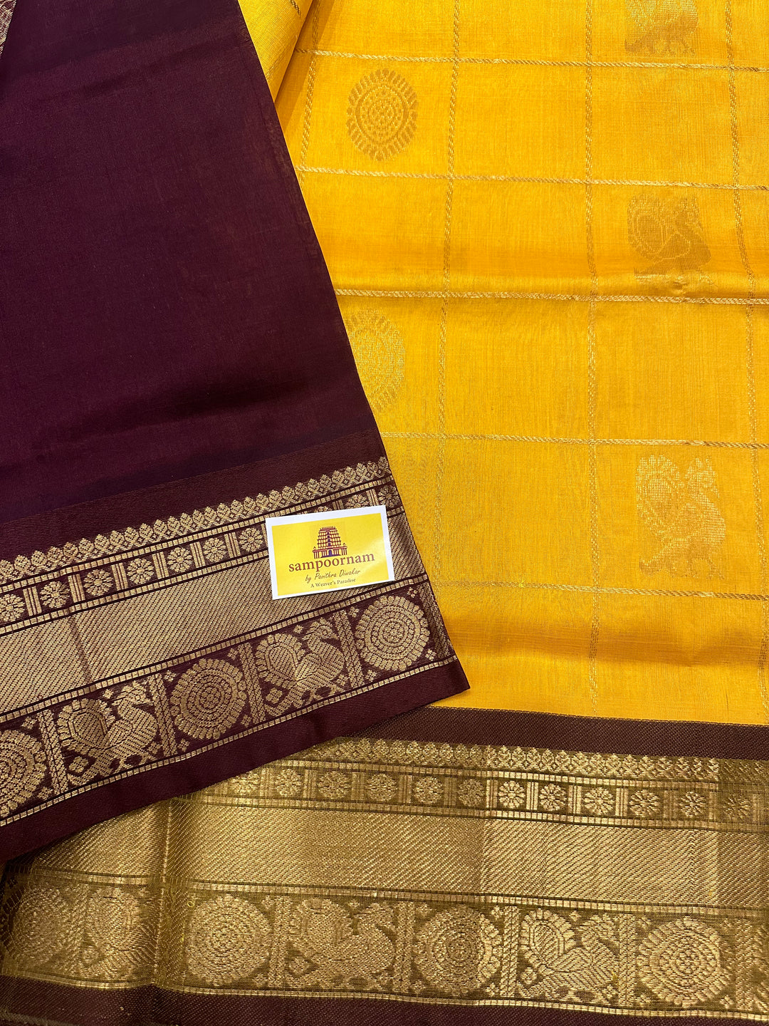 Mambazha Manjal with Brown Mayil Chakram Silk Cotton Saree