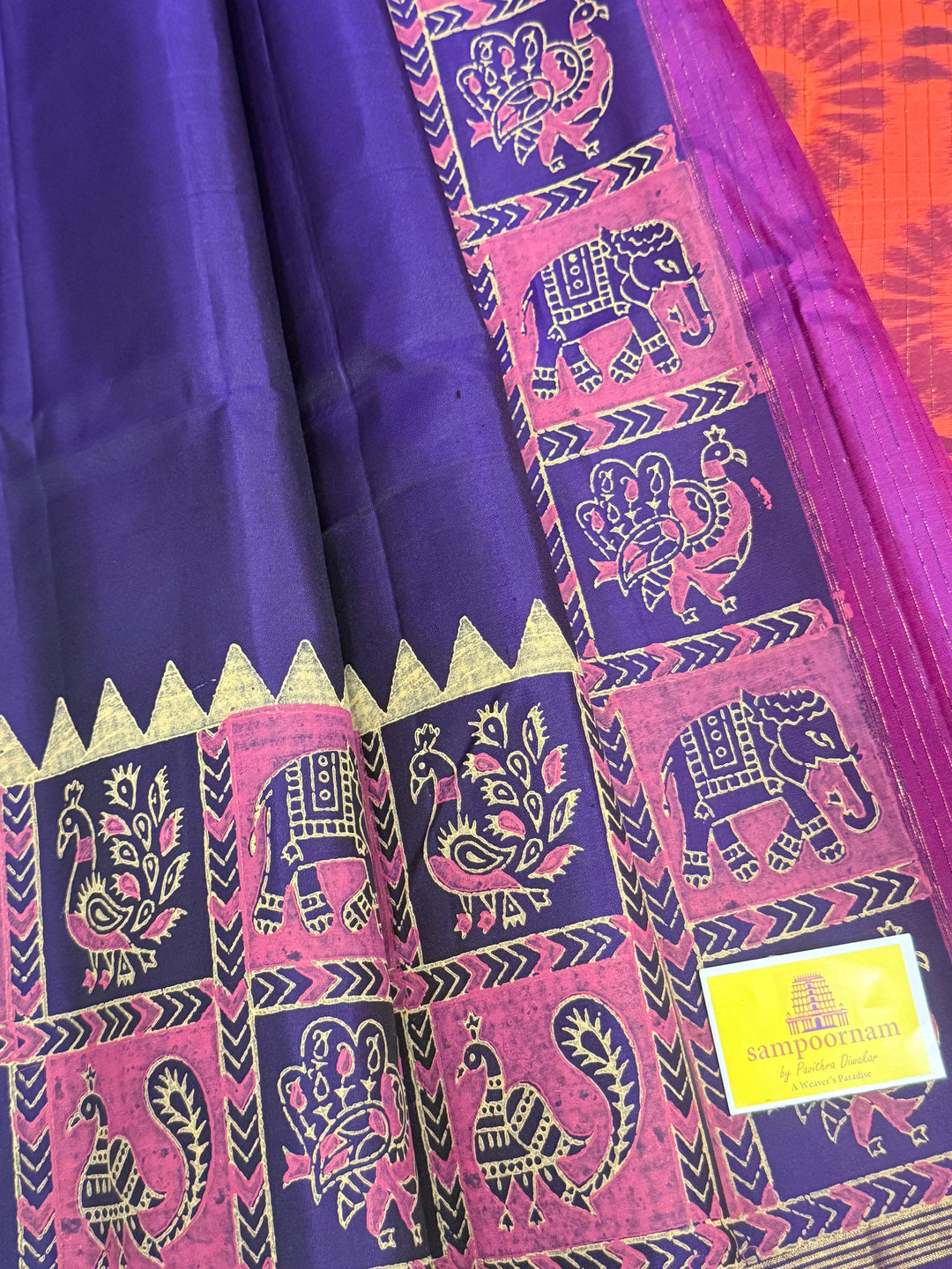 Indigo Blue with Reddish Orange , annam and elephant Handblock print in the borders , Pochampally Pallu and Blouse, pure soft silk saree