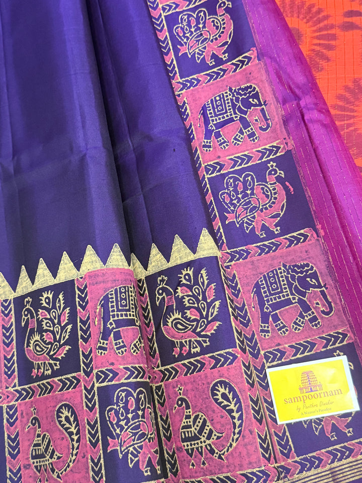 Indigo Blue with Reddish Orange , annam and elephant Handblock print in the borders , Pochampally Pallu and Blouse, pure soft silk saree
