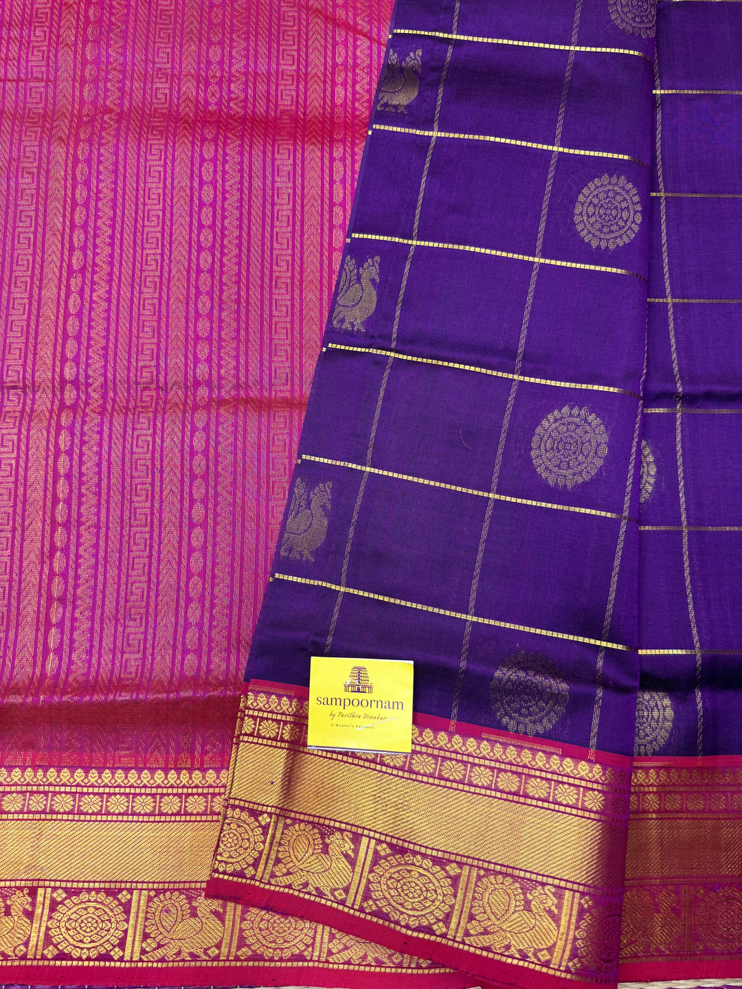 Purple with Pink Mayil and Chakram Butta in the Body, Traditional Borders and Rich Pallu Mayil Chakram Silk Cotton Saree