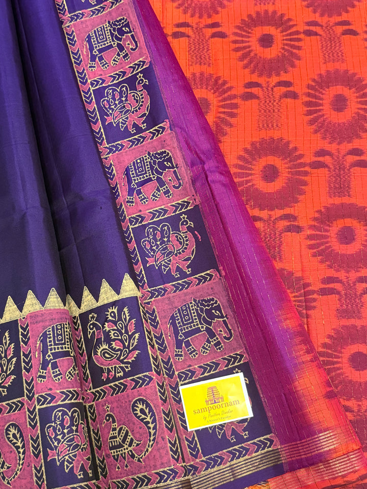 Indigo Blue with Reddish Orange , annam and elephant Handblock print in the borders , Pochampally Pallu and Blouse, pure soft silk saree