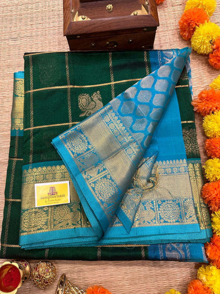 Dark Green with Blue Mayil Chakram Silk Cotton Saree