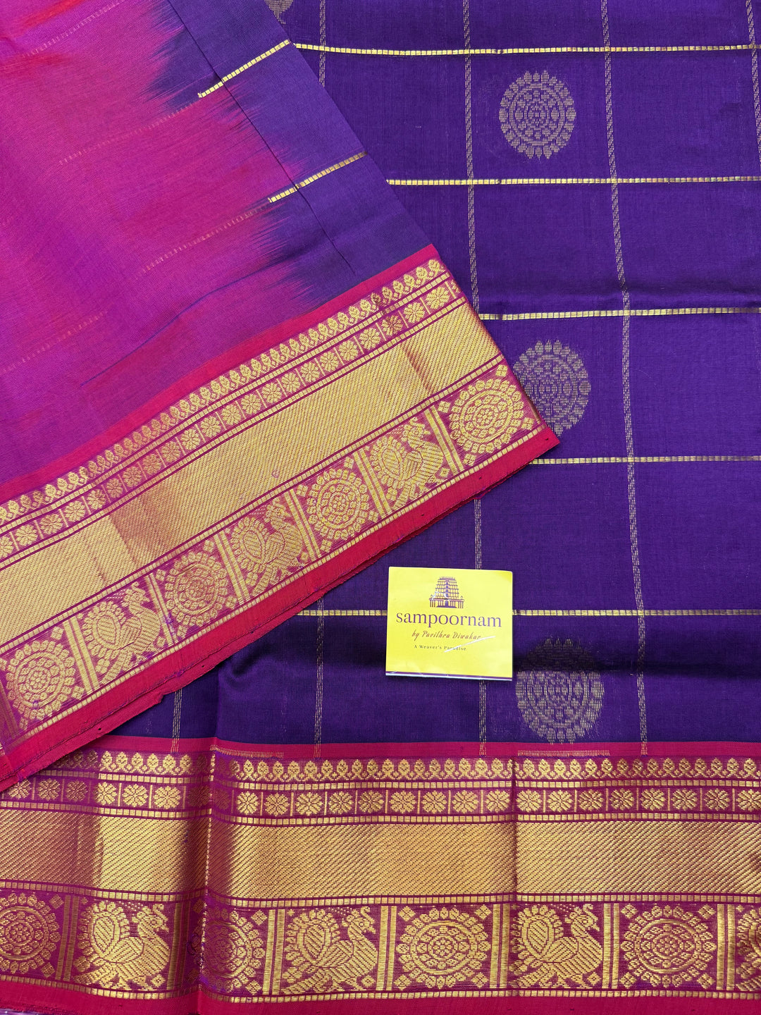 Purple with Pink Mayil and Chakram Butta in the Body, Traditional Borders and Rich Pallu Mayil Chakram Silk Cotton Saree