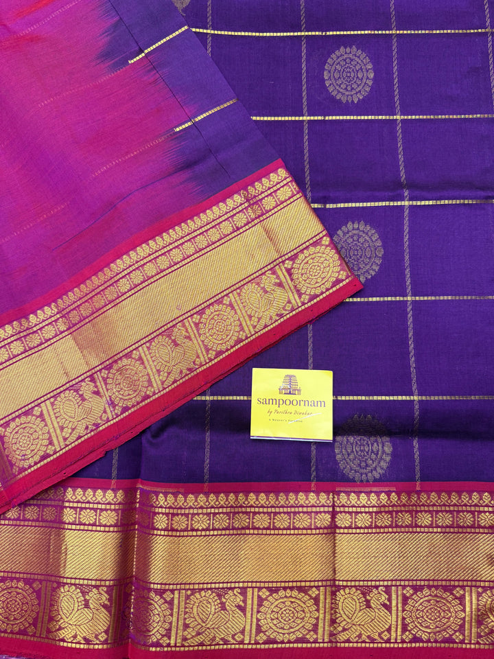 Purple with Pink Mayil and Chakram Butta in the Body, Traditional Borders and Rich Pallu Mayil Chakram Silk Cotton Saree