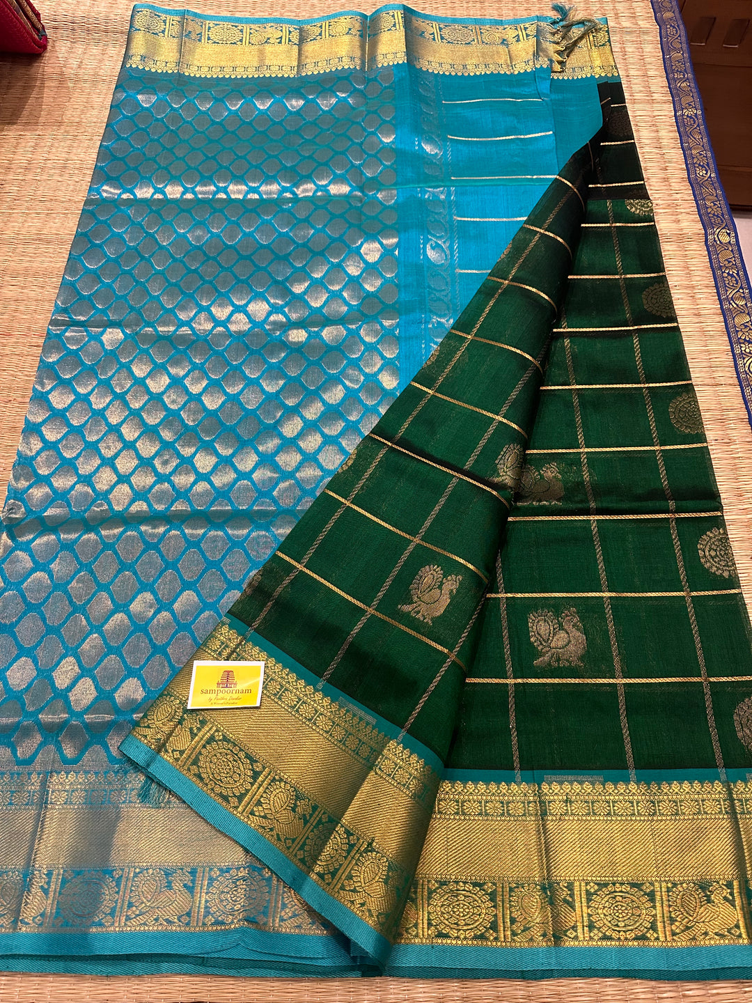 Dark Green with Blue Mayil Chakram Silk Cotton Saree