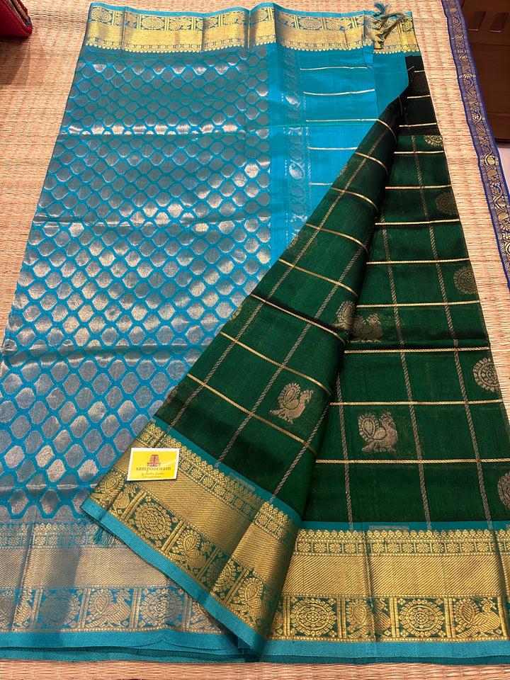 Dark Green with Blue Mayil Chakram Silk Cotton Saree