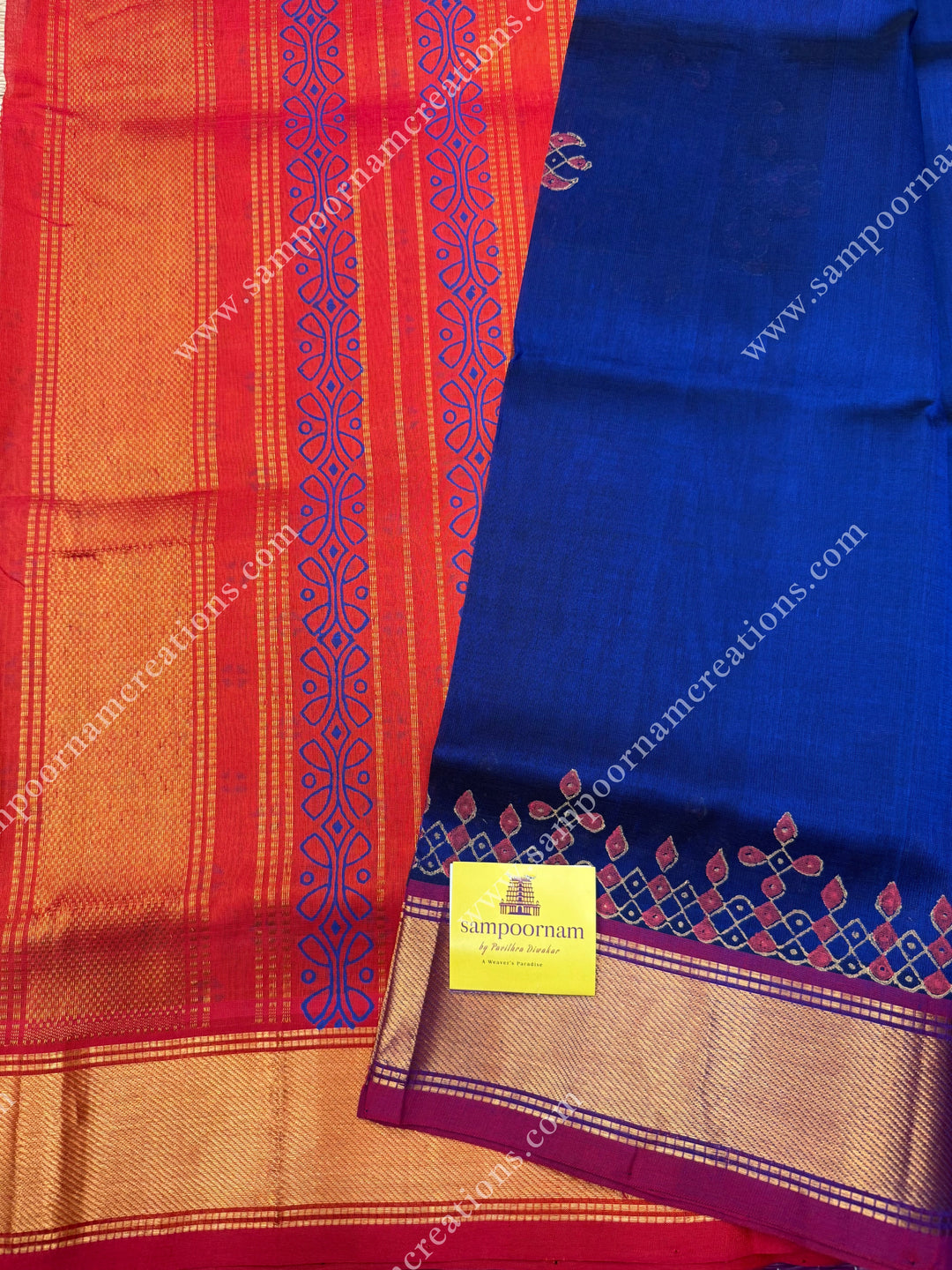 Ms Blue with Orange  , Kolam Handblock Printed  Silk Cotton Saree