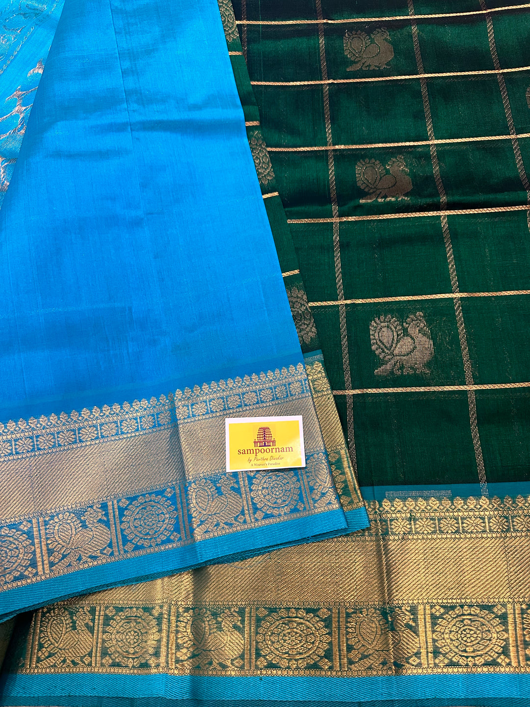 Dark Green with Blue Mayil Chakram Silk Cotton Saree