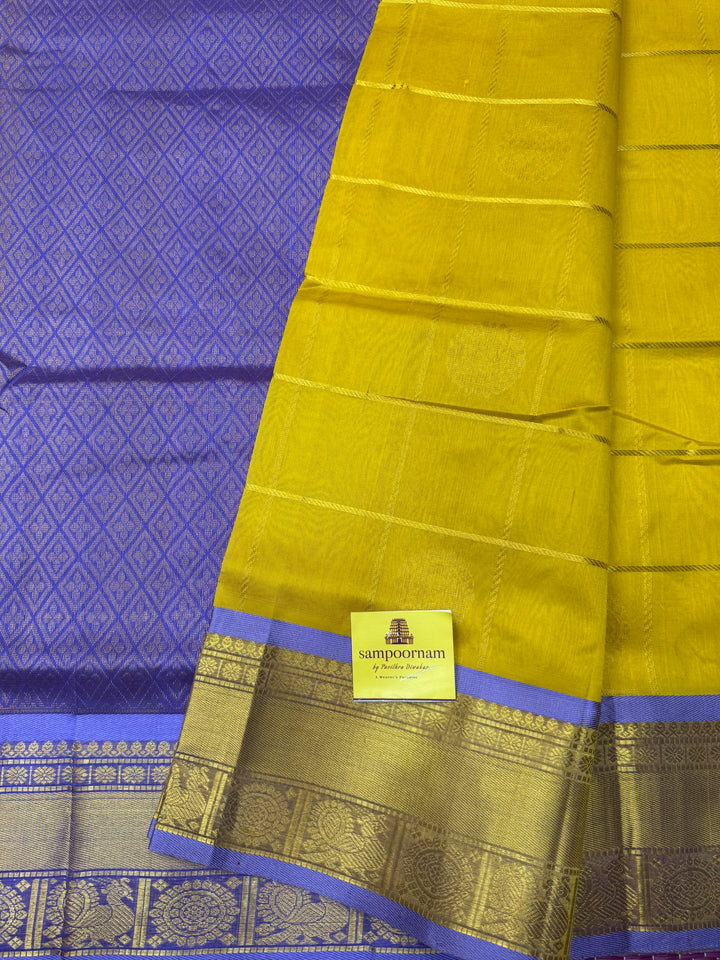 Yellow with Lilac , Mayil and Chakram Butta in the Body, Traditional Borders and Rich Pallu Mayil Chakram Silk Cotton Saree