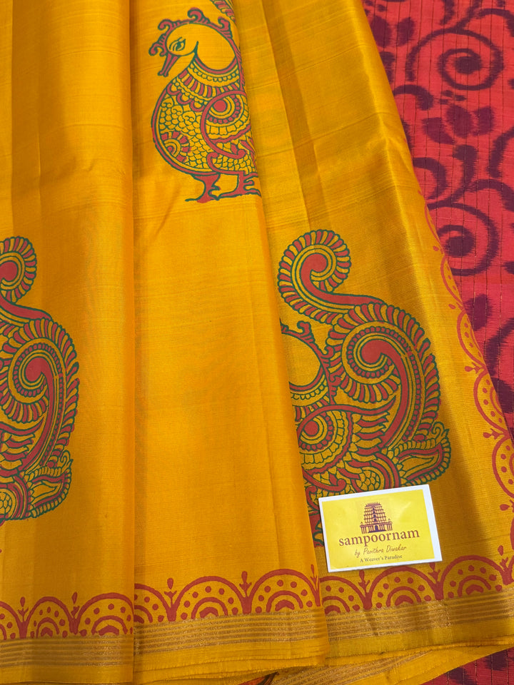 Yellow with Reddish Orange , annam Handblock print in the body , Pochampalli Pallu and Blouse  , pure soft silk saree