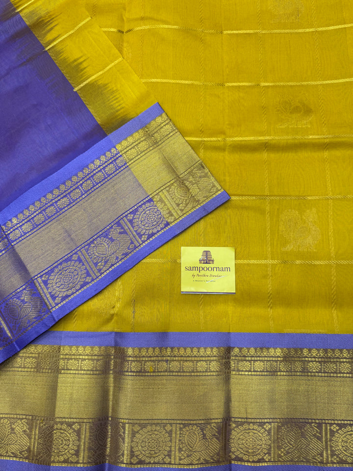 Yellow with Lilac , Mayil and Chakram Butta in the Body, Traditional Borders and Rich Pallu Mayil Chakram Silk Cotton Saree