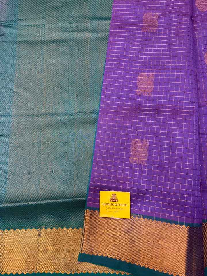 Lilac with Turquoise Blue , Zari Checks with  Mayil and  Chakram Butta in the Body, Traditional Borders and Rich Pallu Mayil Chakram Silk Cotton Saree
