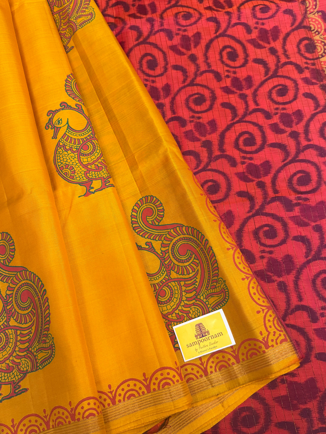 Yellow with Reddish Orange , annam Handblock print in the body , Pochampalli Pallu and Blouse  , pure soft silk saree