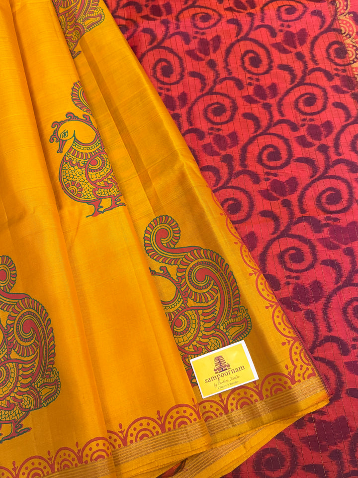 Yellow with Reddish Orange , annam Handblock print in the body , Pochampalli Pallu and Blouse  , pure soft silk saree