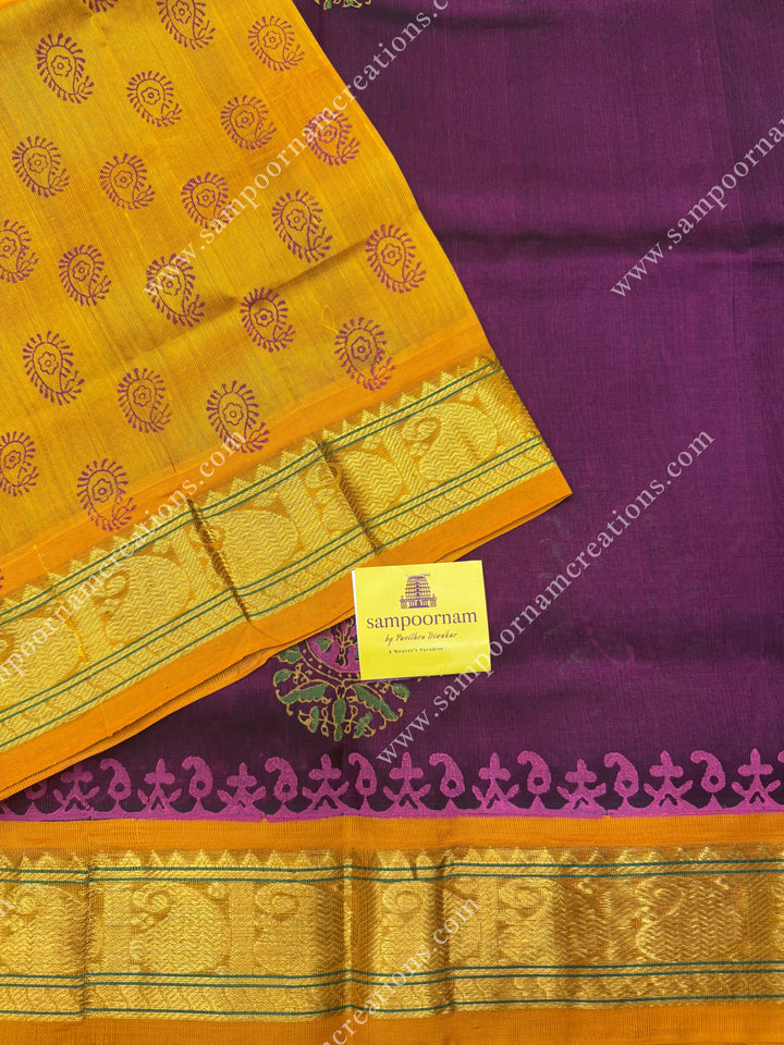 Wine with Mustard  , Mango Print in the body and Rich Pallu Handblock Printed Korvai Silk Cotton Saree