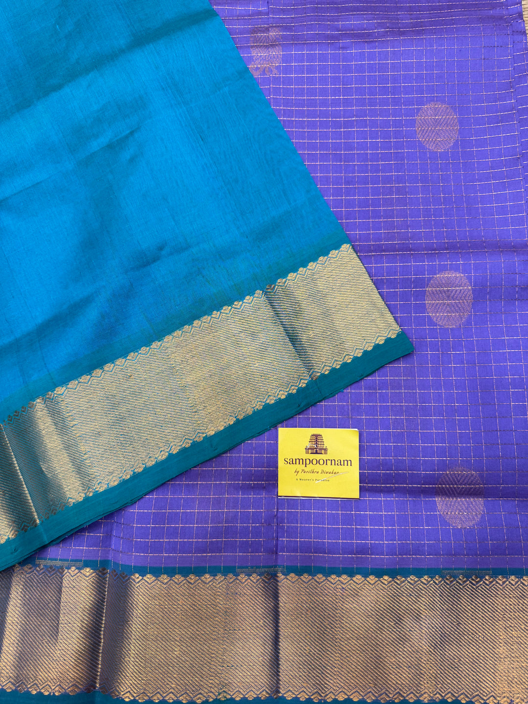 Lilac with Turquoise Blue , Zari Checks with  Mayil and  Chakram Butta in the Body, Traditional Borders and Rich Pallu Mayil Chakram Silk Cotton Saree