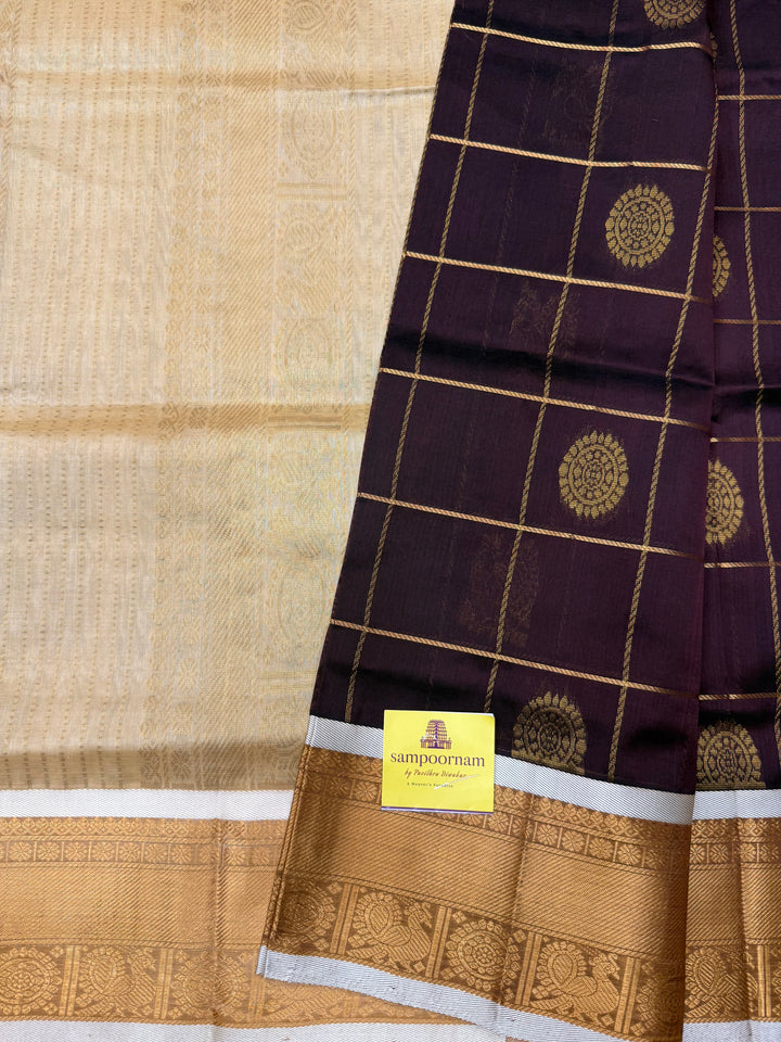 Brown with Offwhite , Mayil and Chakram Butta in the Body, Traditional Borders and Rich Pallu Mayil Chakram Silk Cotton Saree