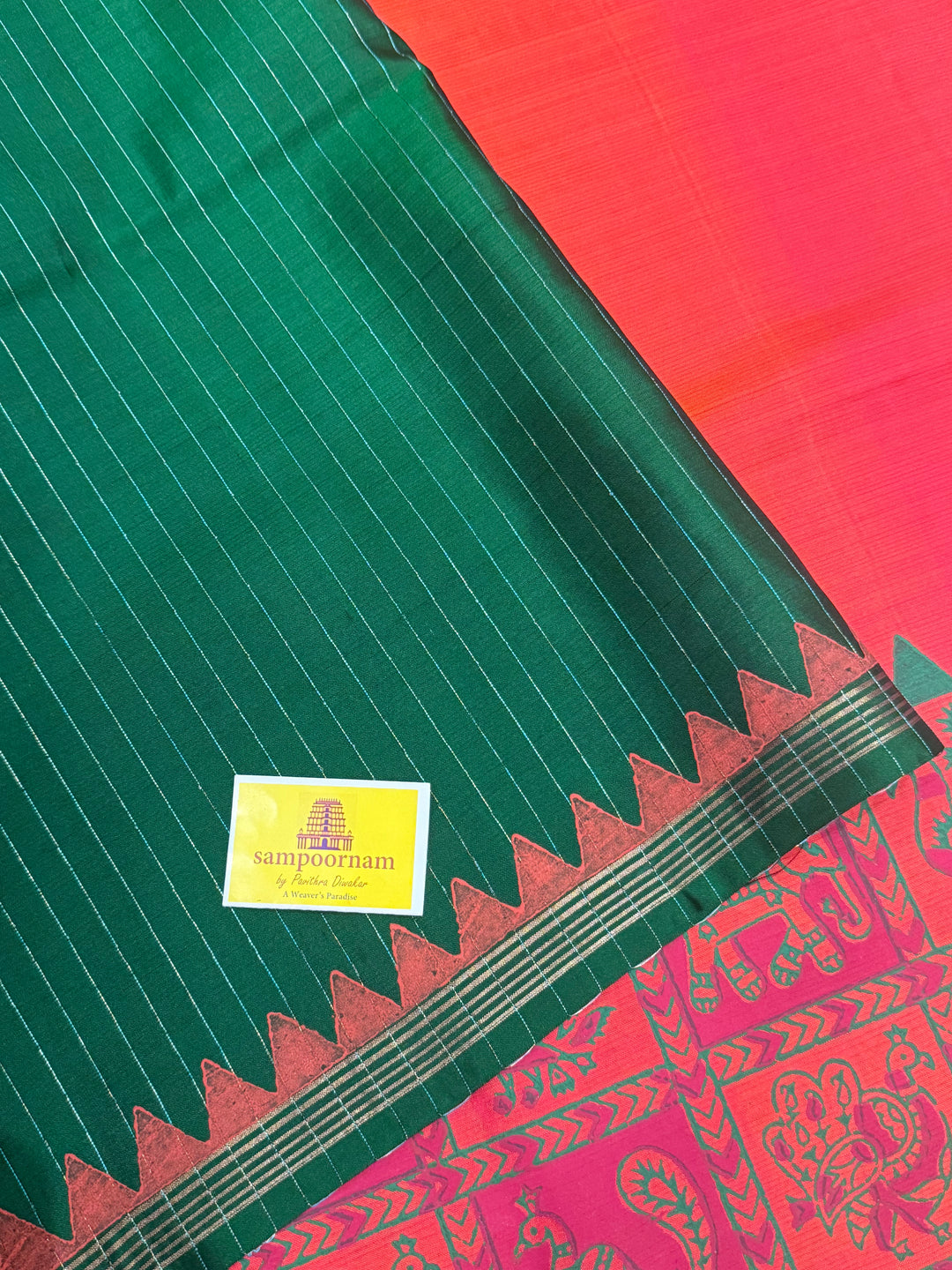 Reddish Orange with Green , annam and elephant Handblock print in the borders , simple zari lines Pallu and Blouse, pure soft silk saree