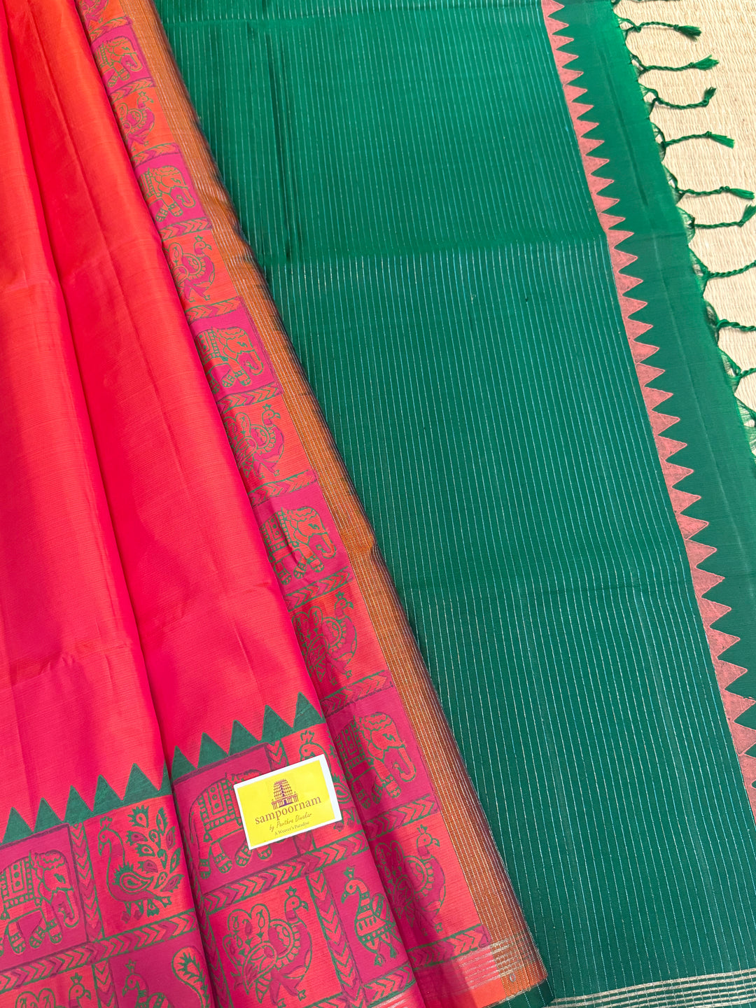 Reddish Orange with Green , annam and elephant Handblock print in the borders , simple zari lines Pallu and Blouse, pure soft silk saree