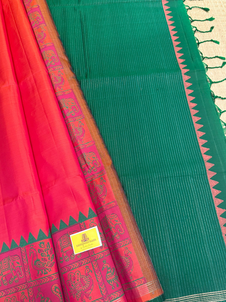 Reddish Orange with Green , annam and elephant Handblock print in the borders , simple zari lines Pallu and Blouse, pure soft silk saree