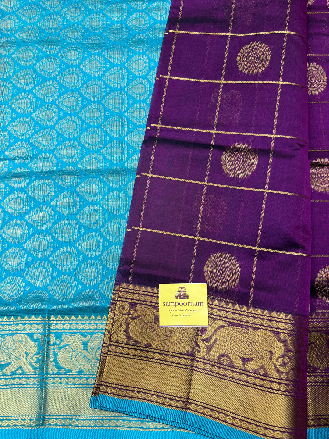 Vadamalli with Turquoise Blue , Mayil and Chakram Butta in the Body, Traditional One side Long Borders and Rich Pallu Mayil Chakram Silk Cotton Saree