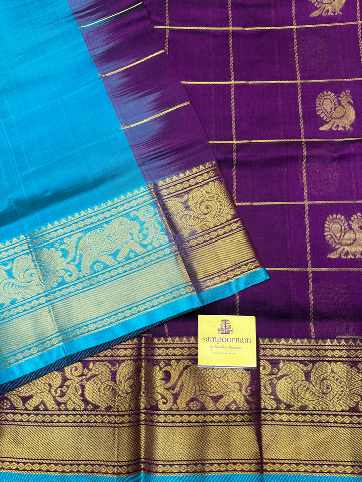 Vadamalli with Turquoise Blue , Mayil and Chakram Butta in the Body, Traditional One side Long Borders and Rich Pallu Mayil Chakram Silk Cotton Saree