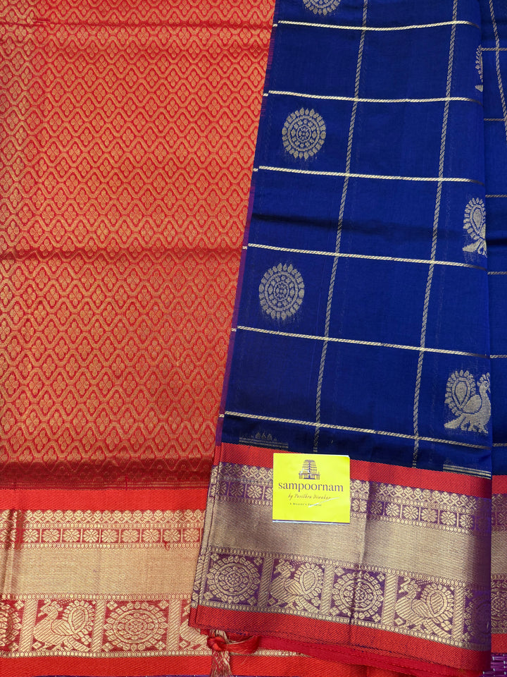 Blue with Red, Mayil and Chakram Butta in the Body, Traditional Borders and Rich Pallu Mayil Chakram Silk Cotton Saree